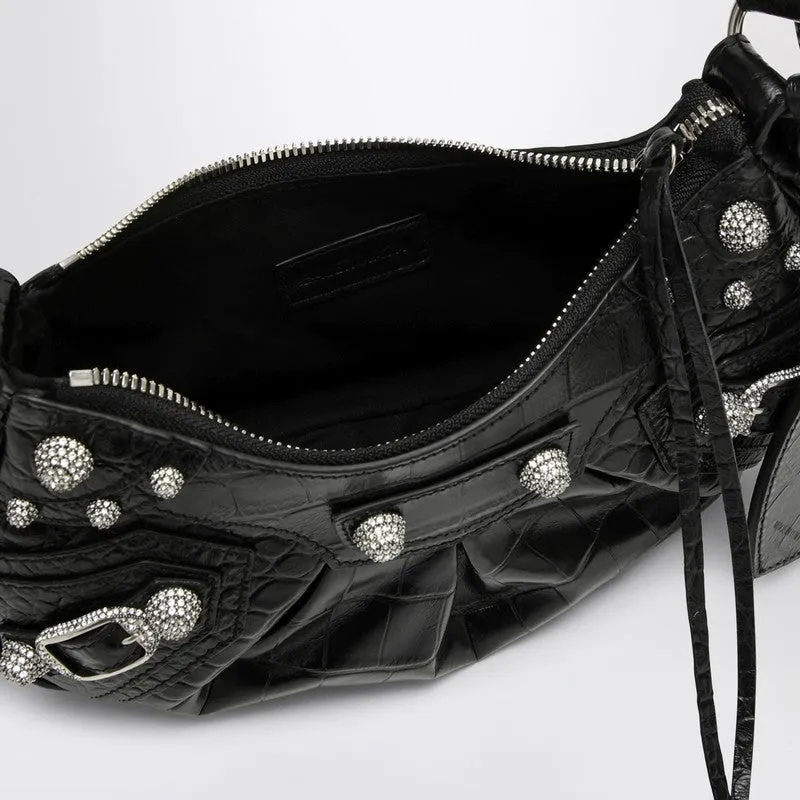 Balenciaga Le Cagole Xs Black Crocodile-Effect Mini Bag With Rhinestones Women