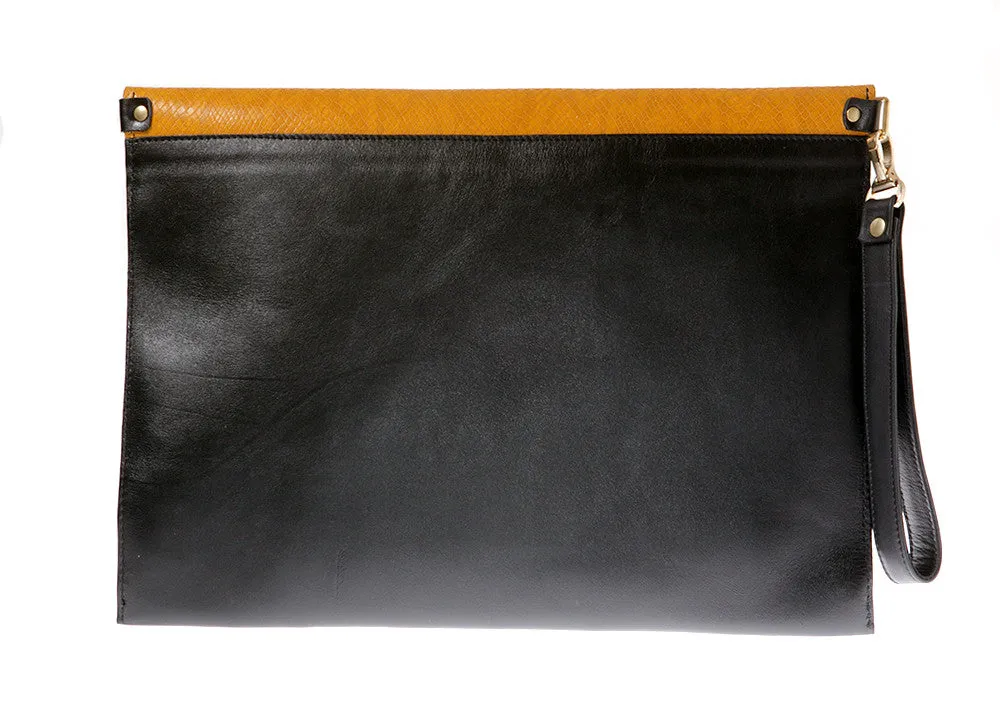 Black and yellow leather envelope clutch