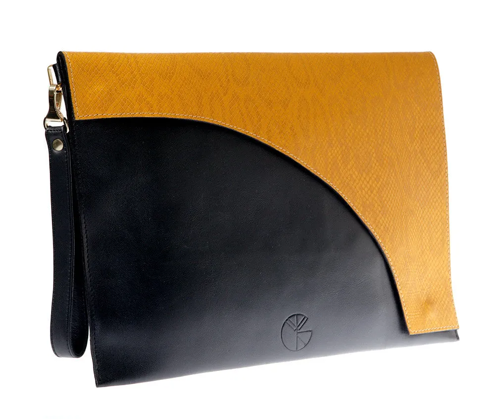 Black and yellow leather envelope clutch