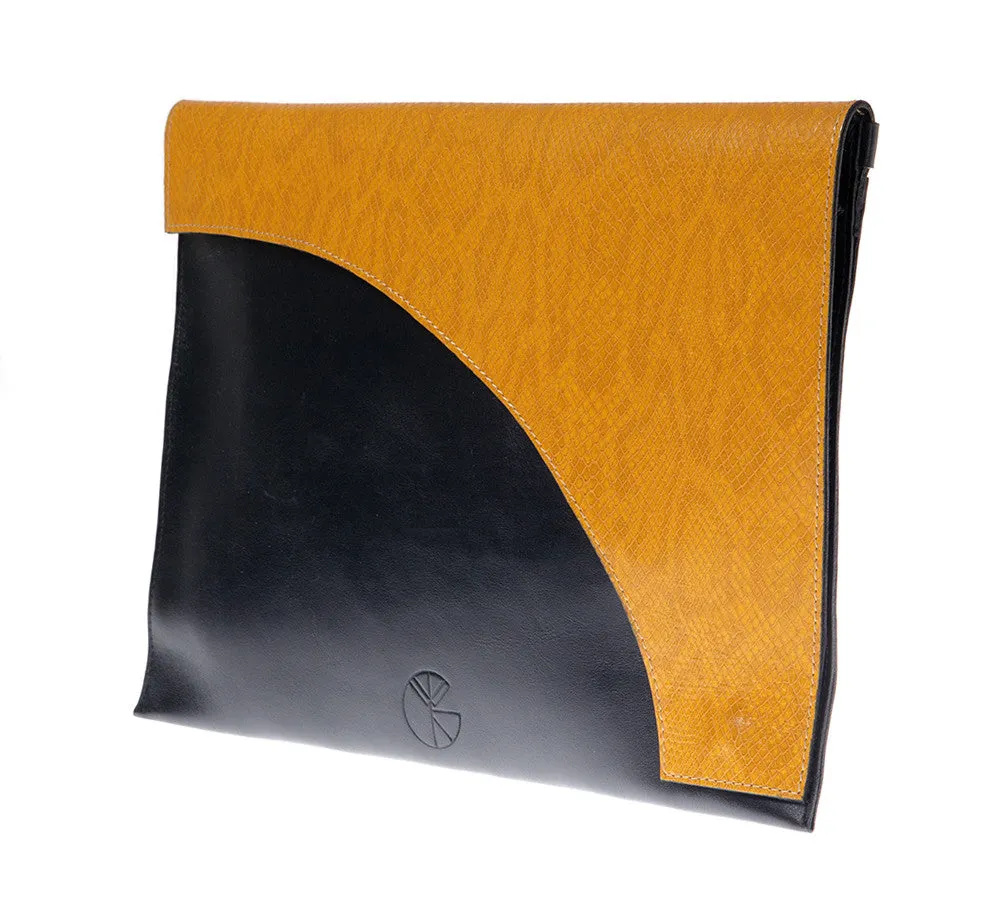 Black and yellow leather envelope clutch