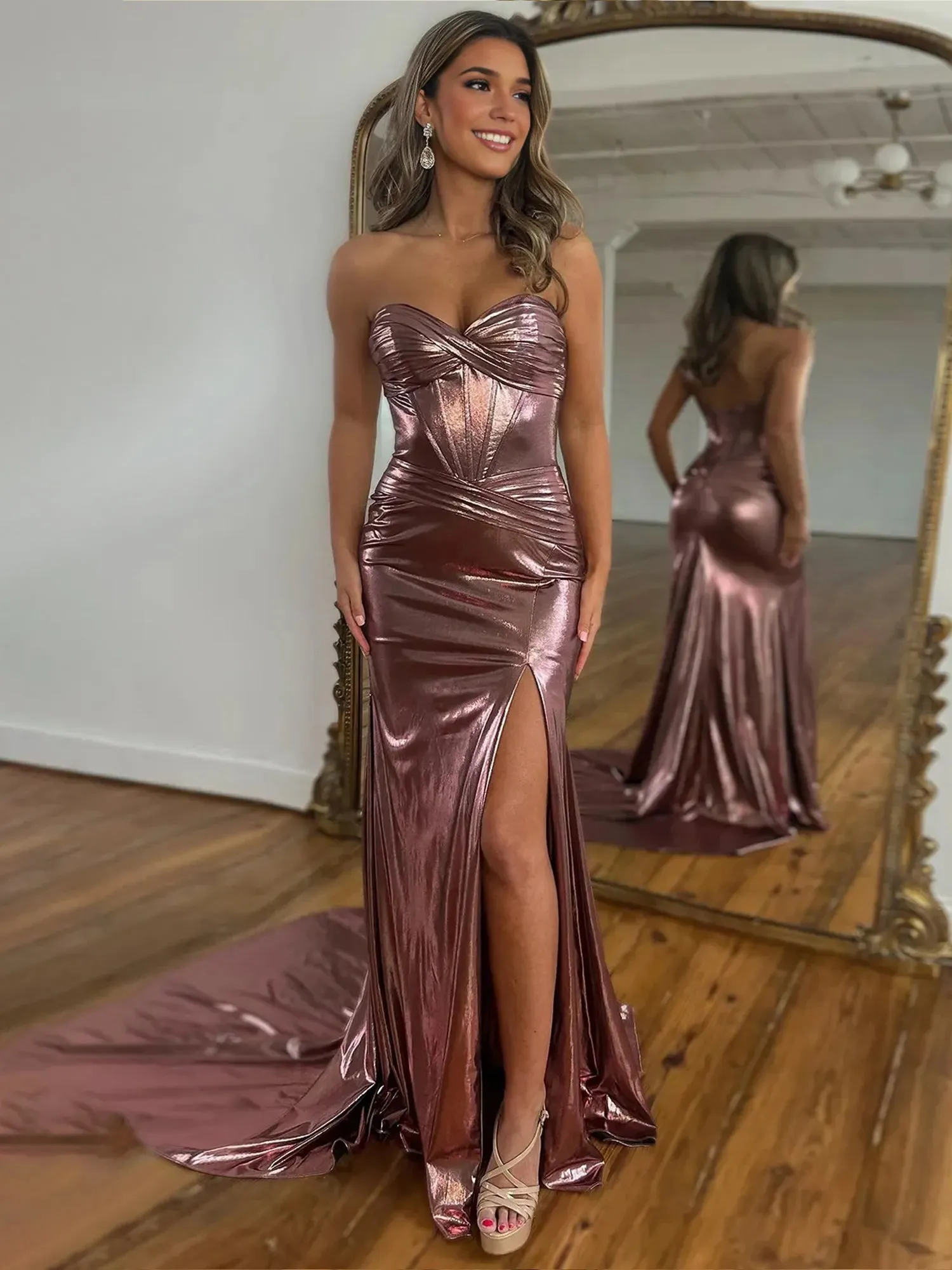 Charming Mermaid Sweetheart Sparkly Satin Prom Dress With Slit