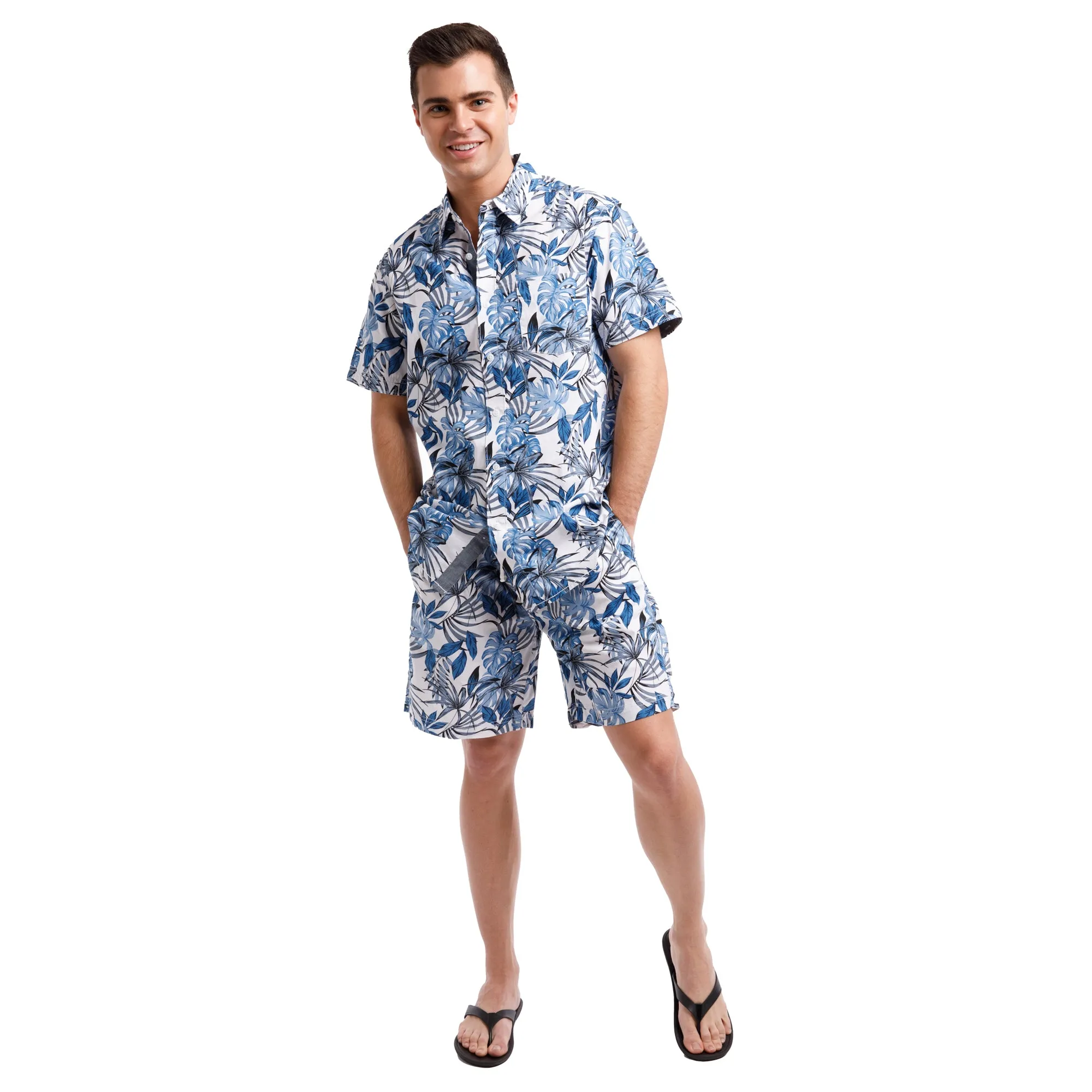 Printed Poplin Short Sleeve Button Up Shirt | Blue Tropical Leaves