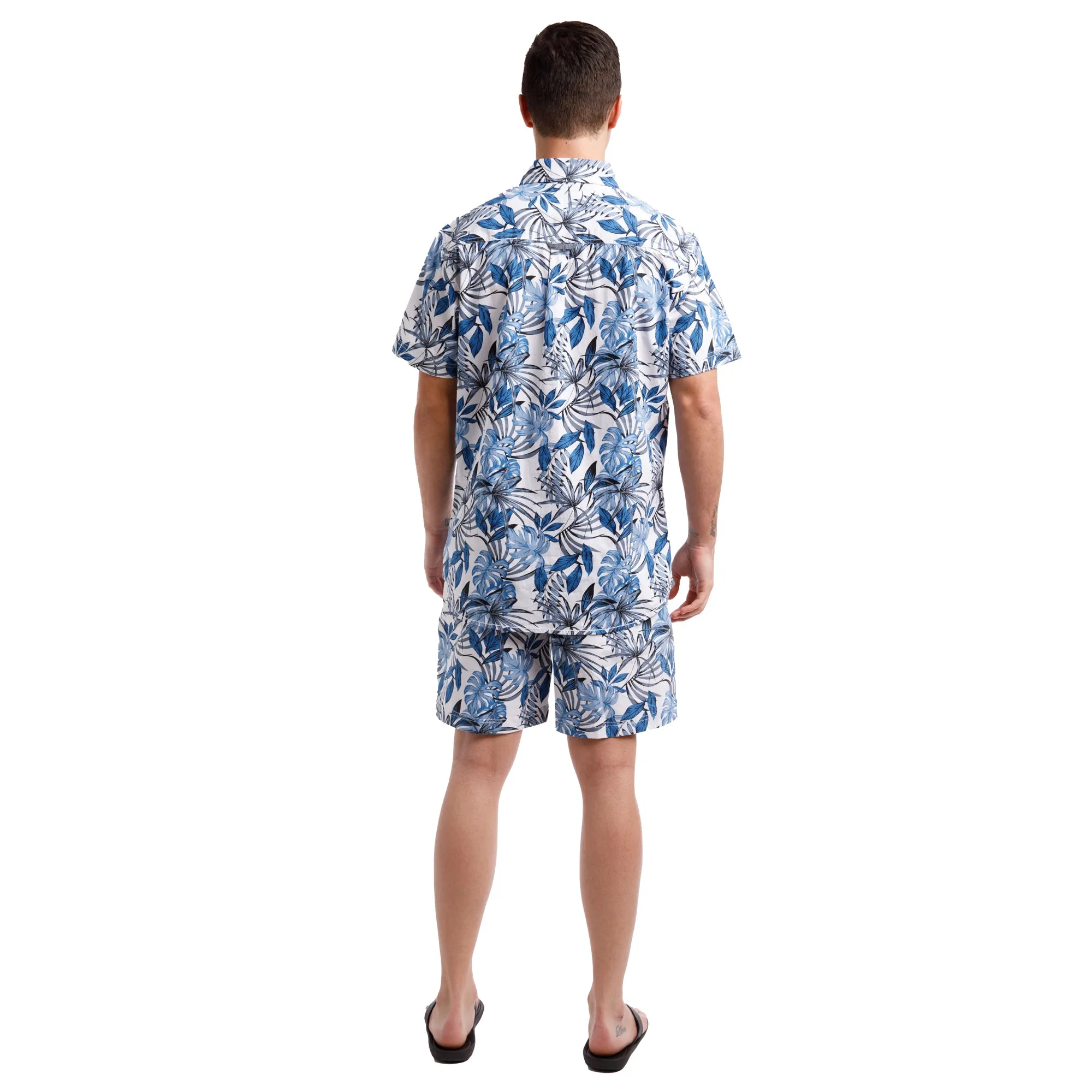 Printed Poplin Short Sleeve Button Up Shirt | Blue Tropical Leaves