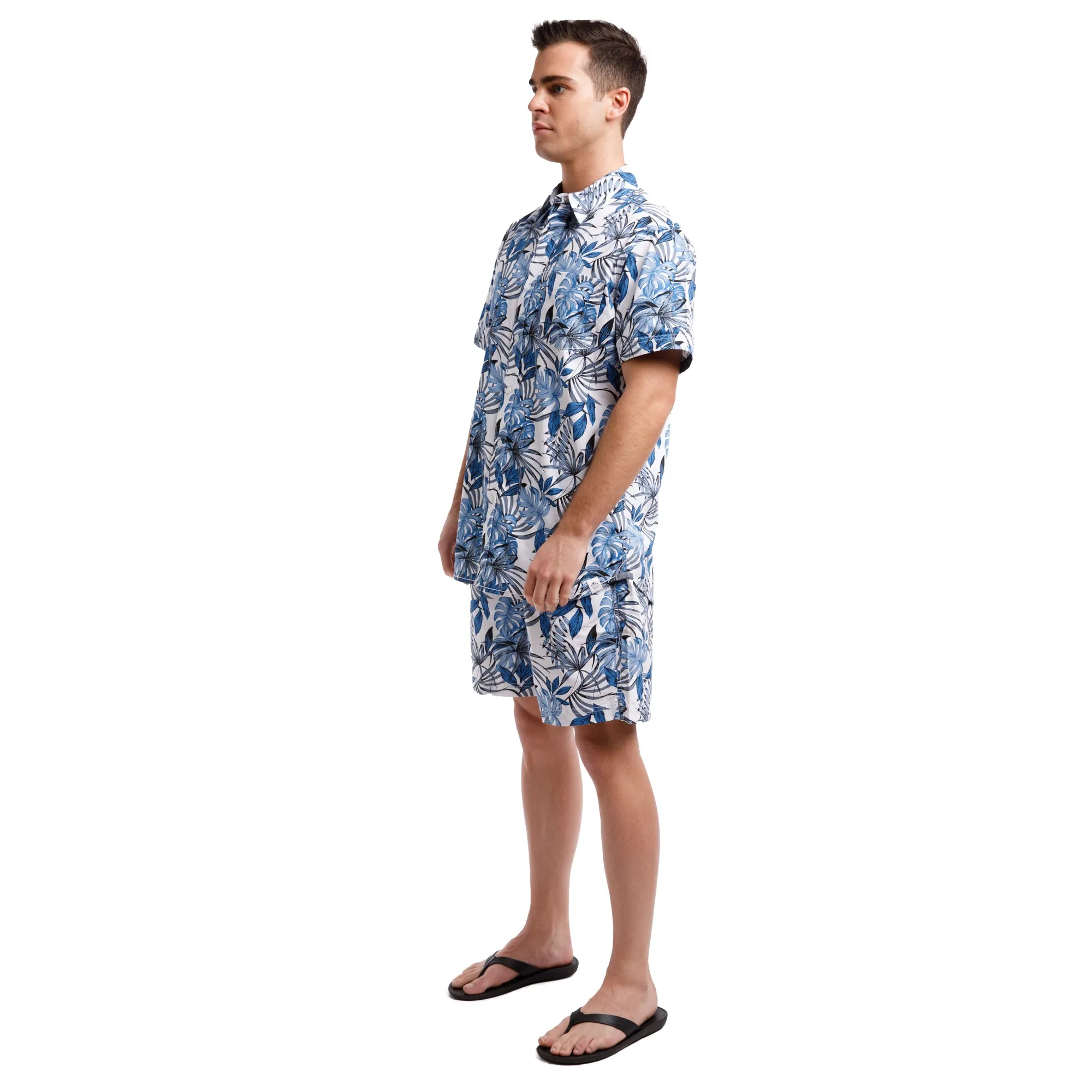 Printed Poplin Short Sleeve Button Up Shirt | Blue Tropical Leaves