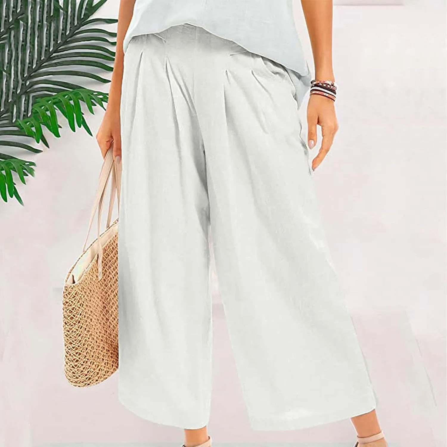 PTOLOCIF Cotton Linen Pants for Women Summer Drawstring Wide Leg Pants Loose Casual Cotton Linen Palazzo Pant with Pockets