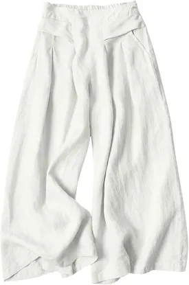 PTOLOCIF Cotton Linen Pants for Women Summer Drawstring Wide Leg Pants Loose Casual Cotton Linen Palazzo Pant with Pockets