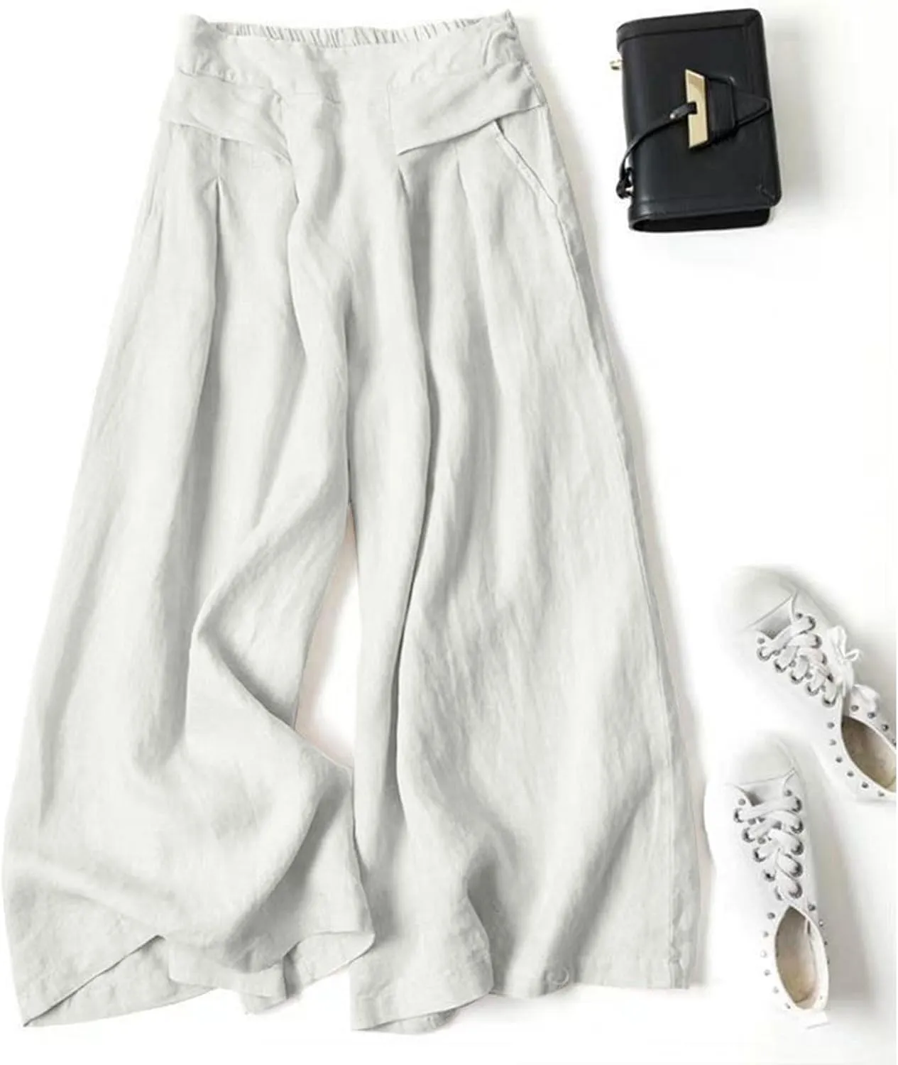 PTOLOCIF Cotton Linen Pants for Women Summer Drawstring Wide Leg Pants Loose Casual Cotton Linen Palazzo Pant with Pockets