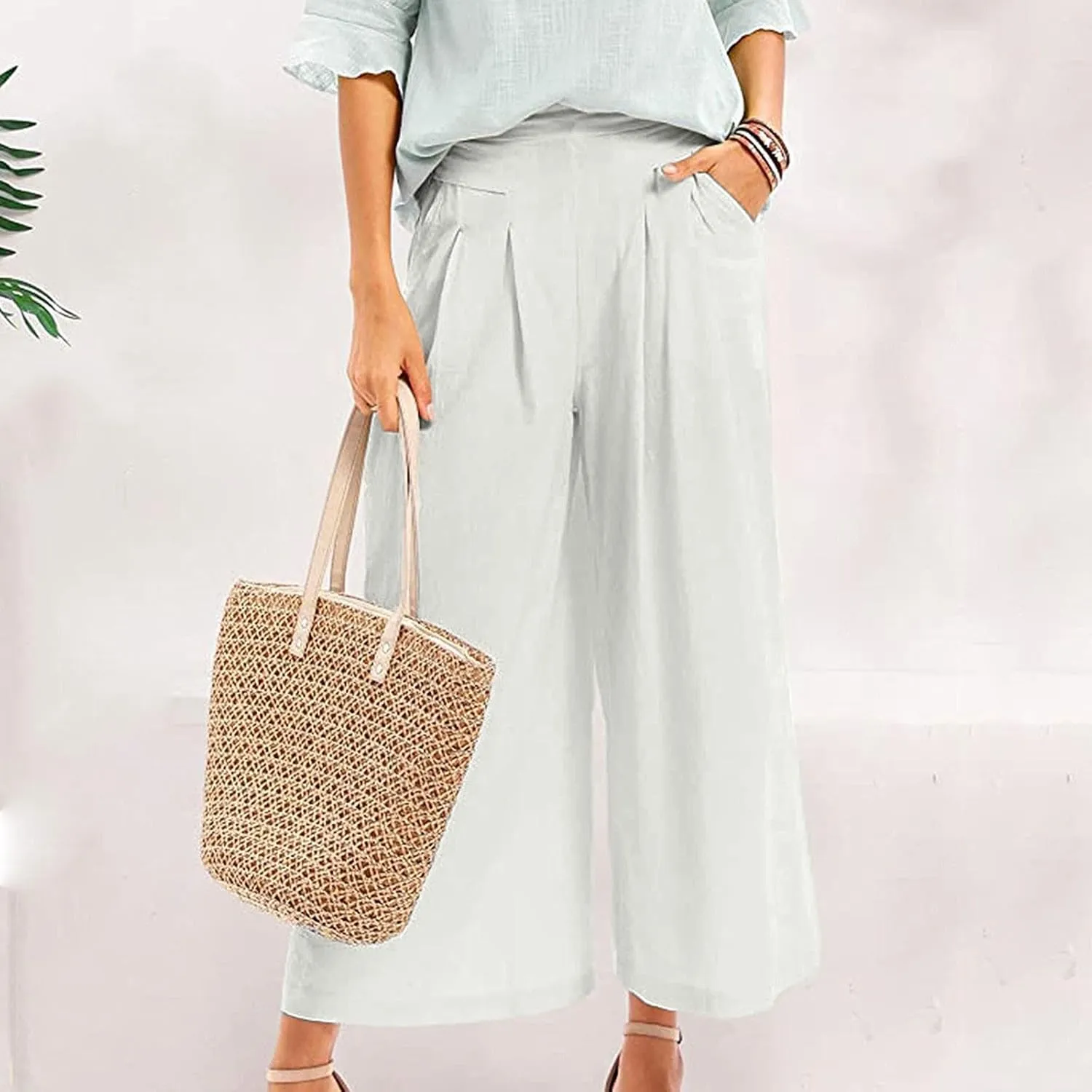 PTOLOCIF Cotton Linen Pants for Women Summer Drawstring Wide Leg Pants Loose Casual Cotton Linen Palazzo Pant with Pockets