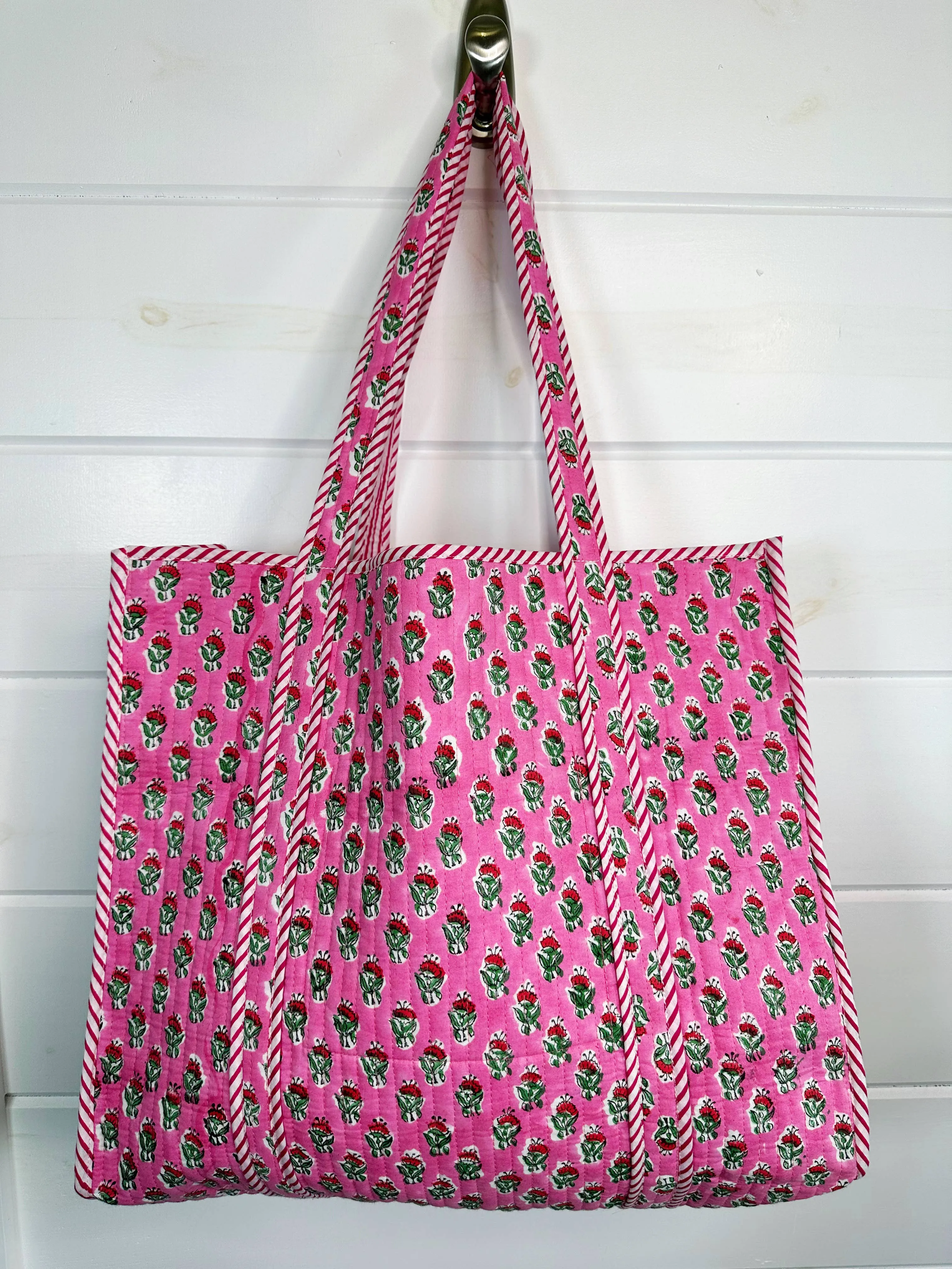 Quilted Tote Bag | Pink Floral Tote | Large Shopping Bag