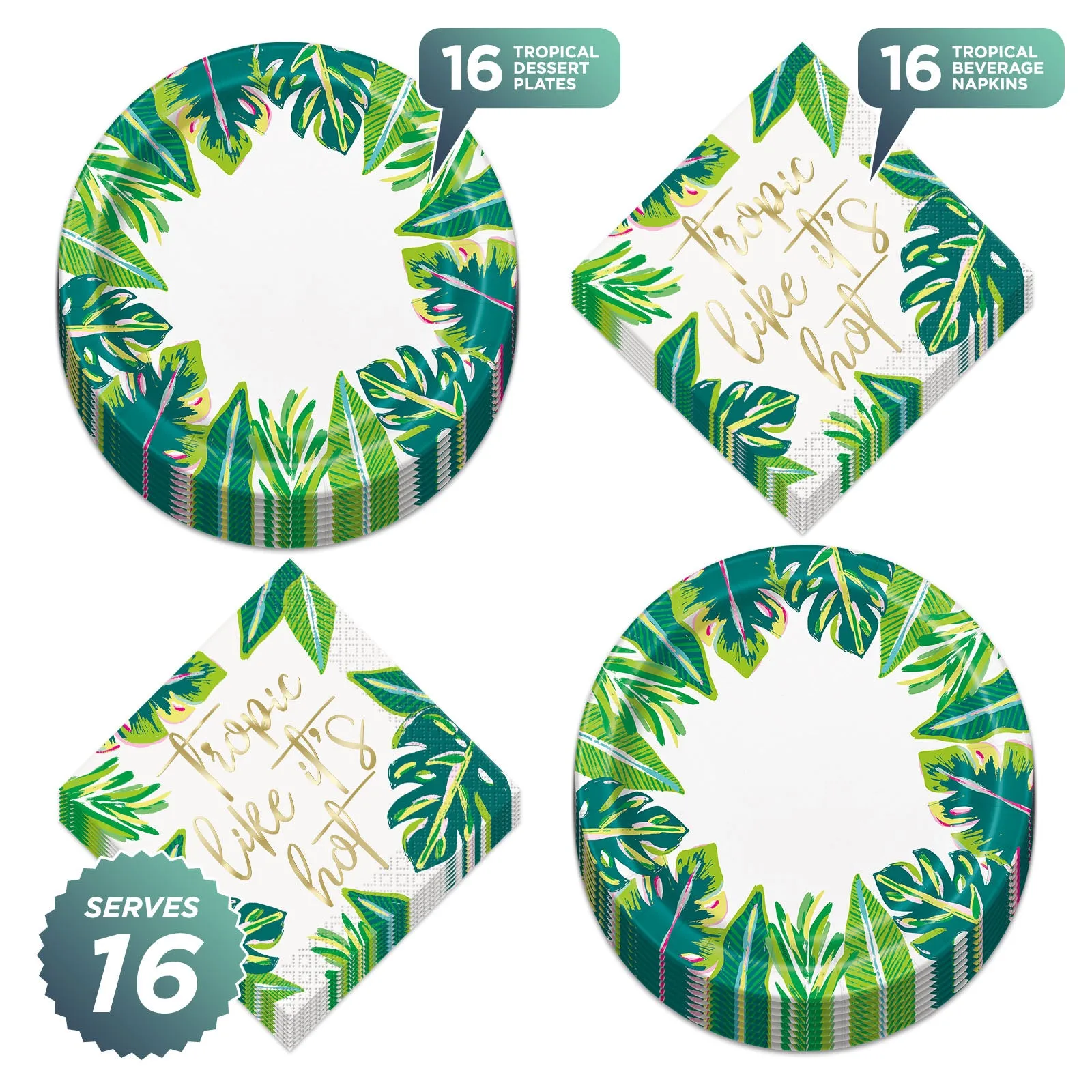 Tropical Leaves With Metallic Gold Paper Dessert Plates and "Tropic Like It's Hot" Beverage Napkins (Serves 16)