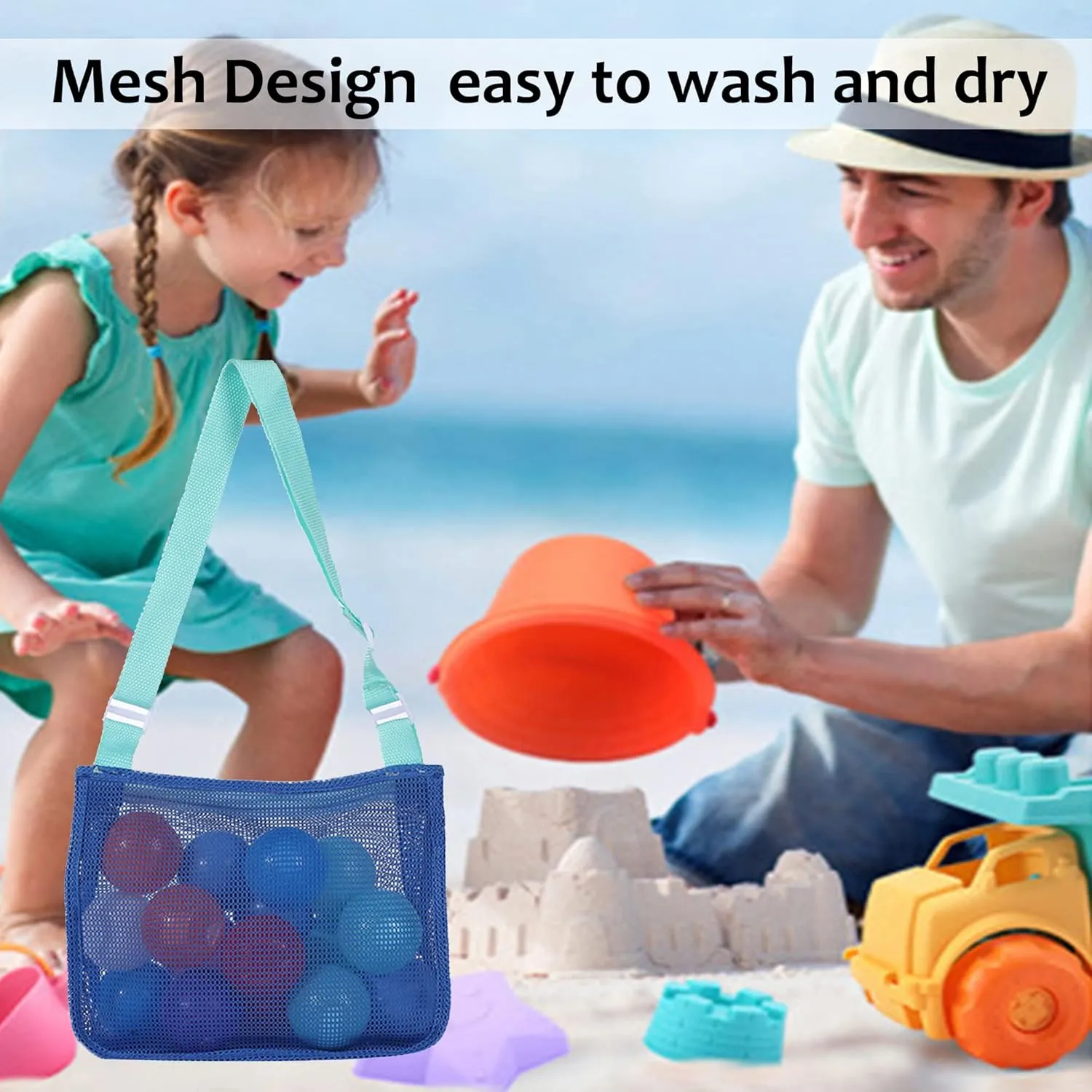 UTTPLL Colorful Mesh Beach Bag Adjustable Kids Quick Dry Net Tote for Seashell Collecting Sand Toy Swimming Accessories